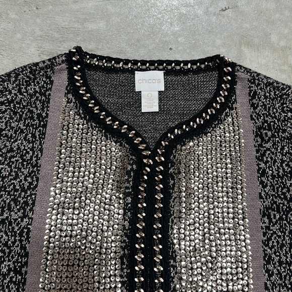 Chicos brand‎ black w/tan n gold detailing sweater / cardigan /Size 0 / Q-66 - Picture 4 of 6